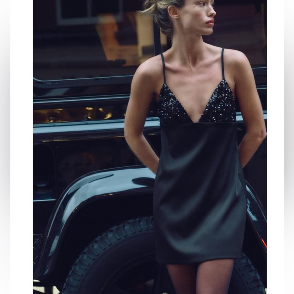 Zara Black Sequin Lace Slip Dress NWT Small Satin Mini Night Out Party - Picture 2 of 7